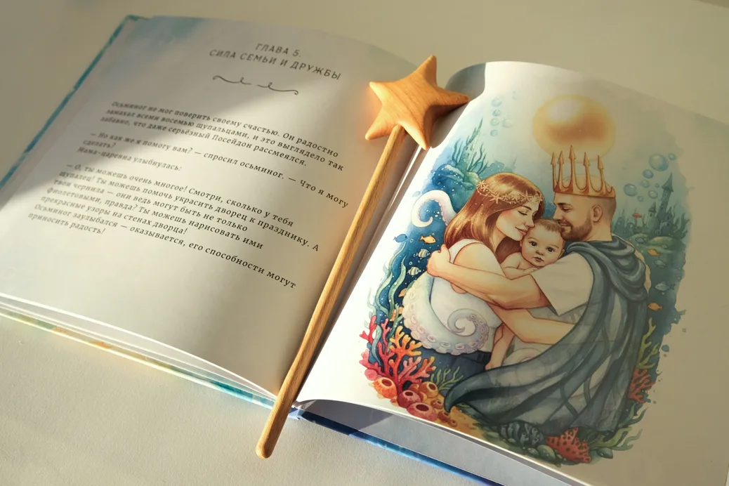 Разворот книги: глава «Сила семьи и дружбы» и иллюстрация подводной семьи